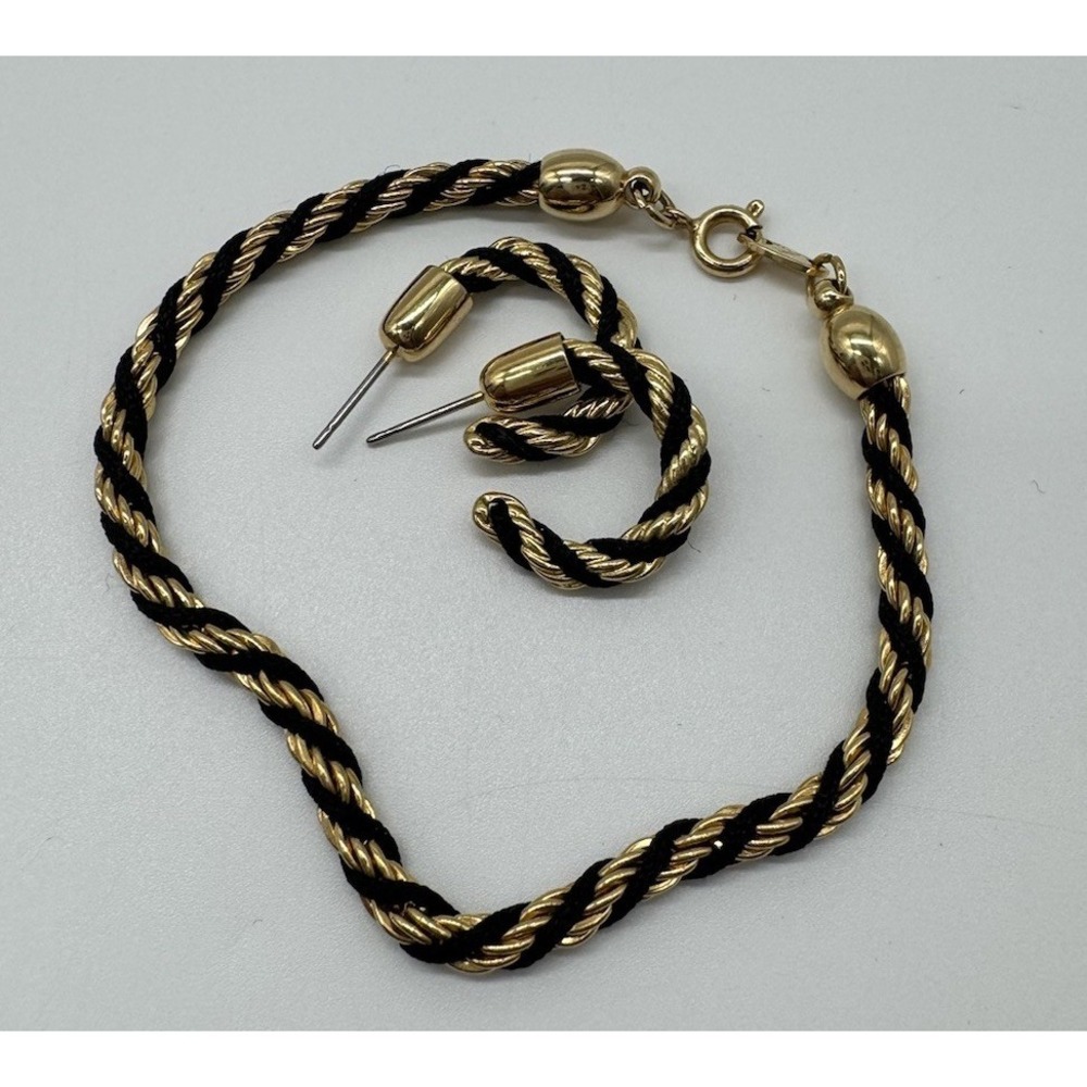 Trifari Vintage Gold Tone Black Twisted Ropeโ Bracelet and Hoop Earrings Set